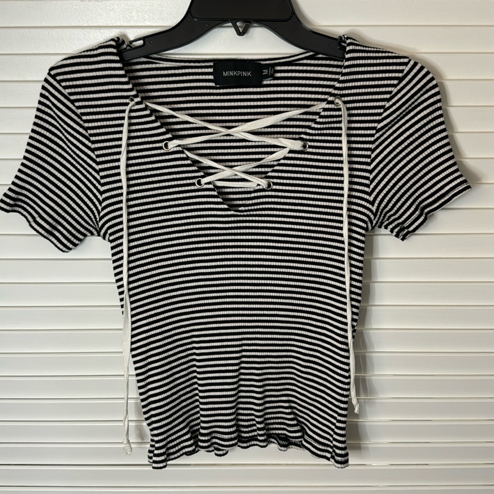 MINKPINK Black & White Striped Lace-Up Ribbed Tee